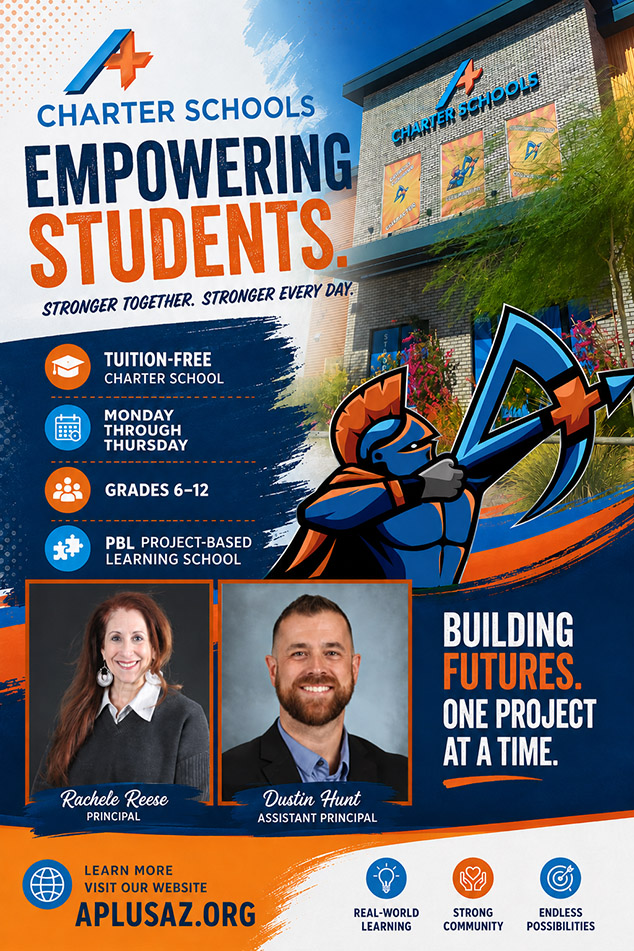 sidebargraphic_contactus1 A+ Charter Schools Empowering Students stronger together, stronger every day. Tuition-free charter school, Monday through Thursday, Grades 6-12, PBL project-based learning school - Building futures. One project at a time. Learn more at our website - real-world learning, strong community, endless possibilities