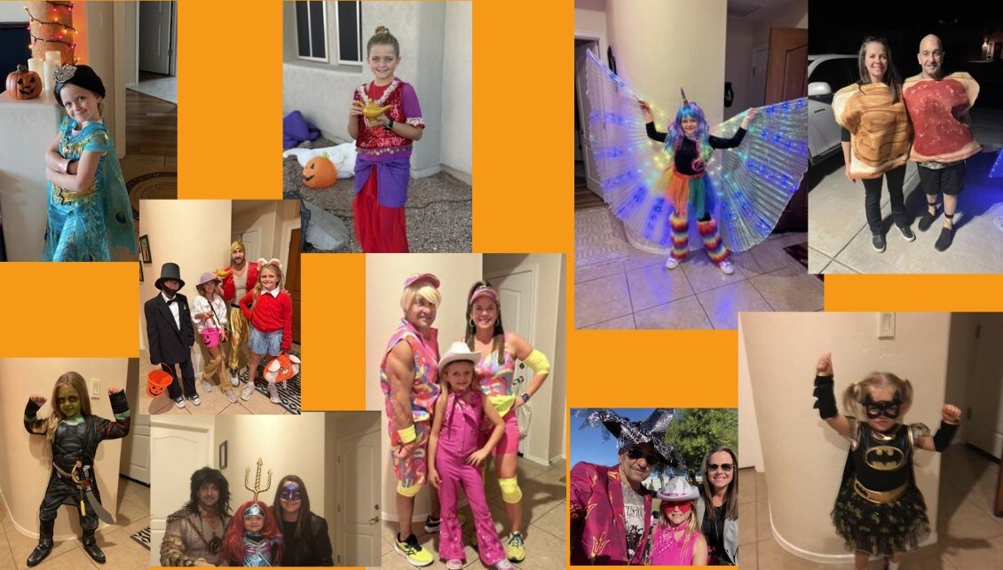 Photo collage of students in Halloween costumes