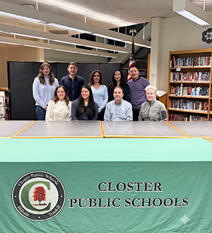 2026-2027 School board members behind Closter Public Schools banner