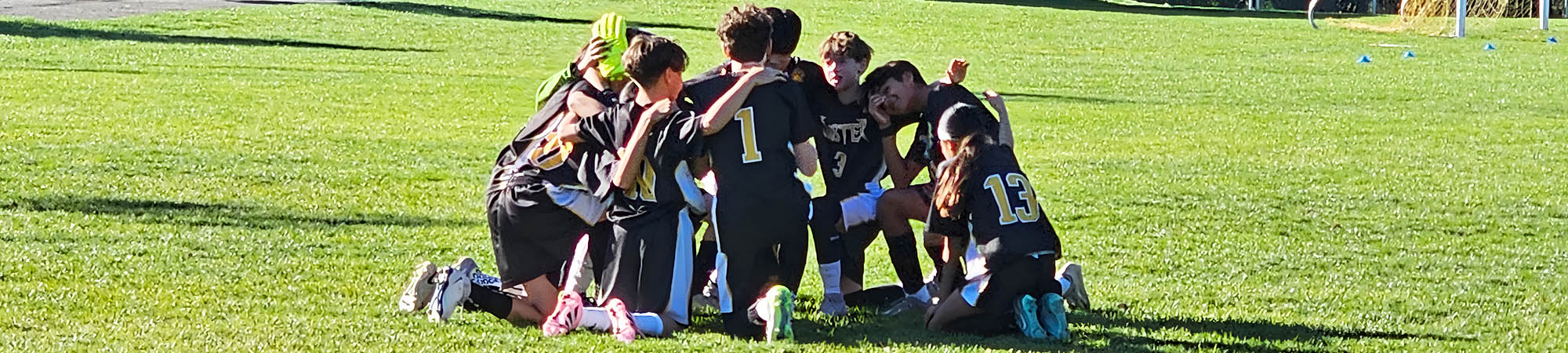 Boys soccer team in a huddle on the field
