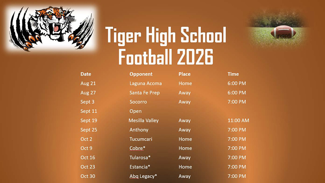 Tiger High School Football Schedule for 2026