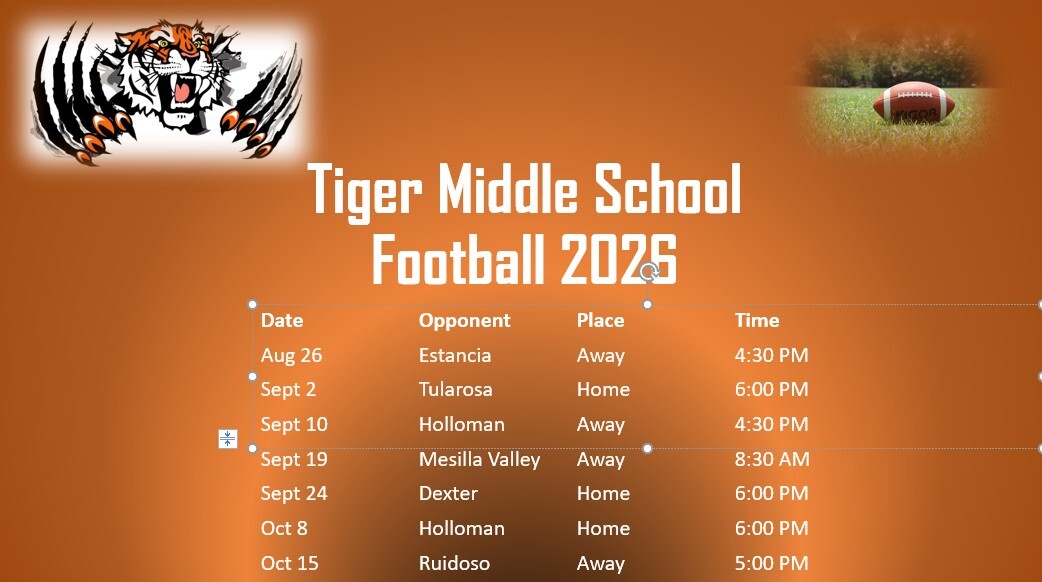 Tiger Middle School Football Schedule for 2026
