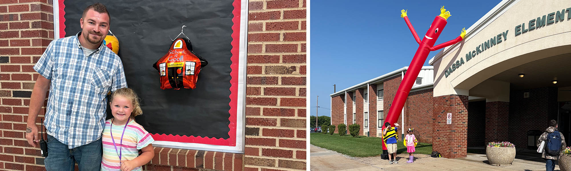 Photo collage of adult with student next to students outside Dassa McKinney Elementary school building