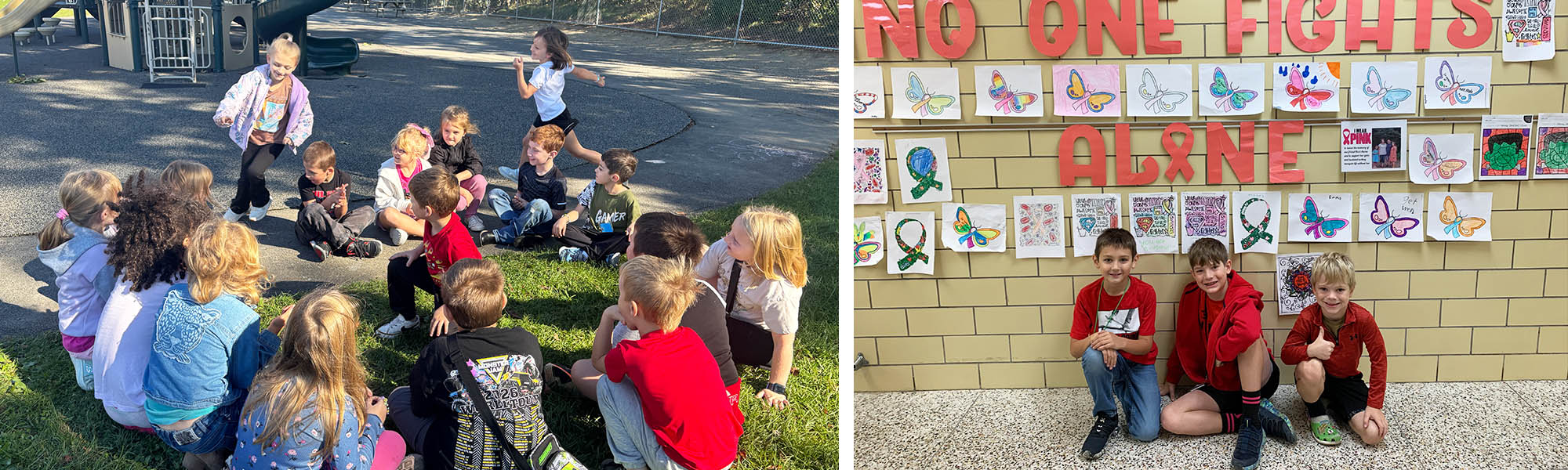 Photo collage of students playing a running game outside next to students with their artwork